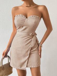 Chiquease Váy mini xếp nếp kẻ sọc buộc vạt phía trước - trái cam - Xem 4