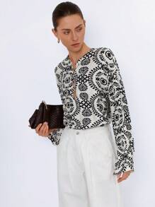 SHEIN Privé Women's Faux Embroidery Random Print Casual Vacation Versatile Retro Luxury Elegant V-Neck Long Sleeve Blouse Fall Cloth For Women