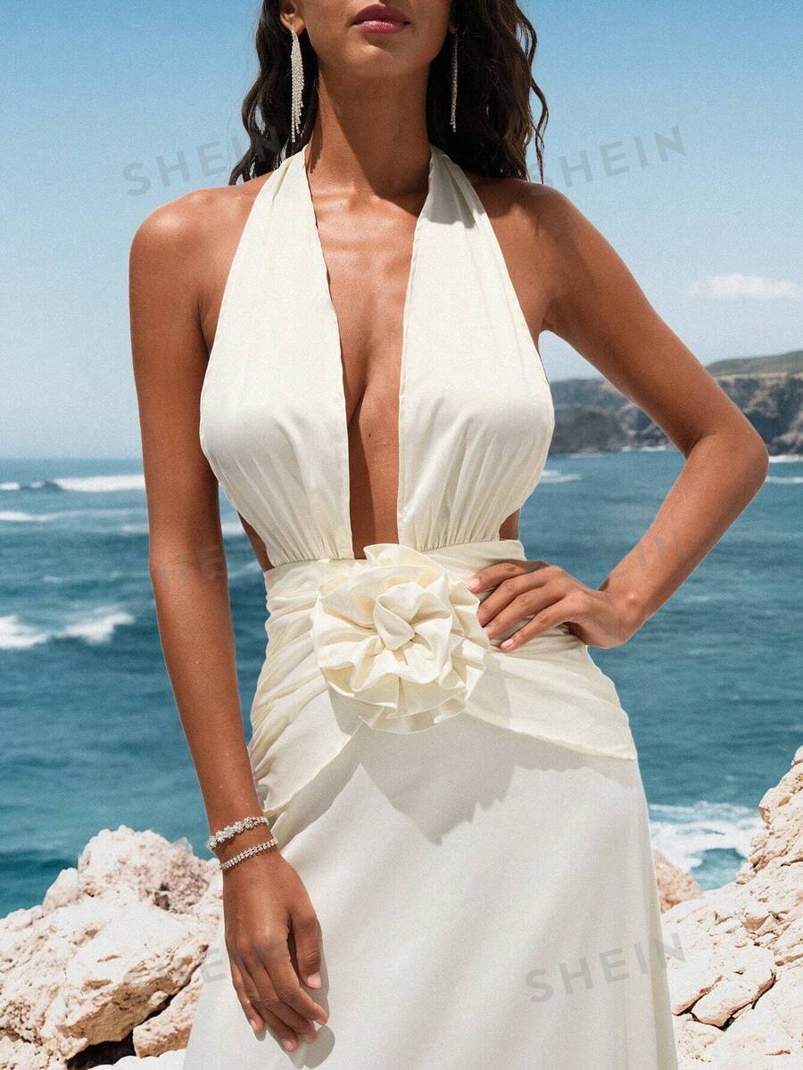 Opulessa Vestido elegante y sexy de mujer con decoración floral 3D y espalda descubierta - Albaricoque - Ver 1