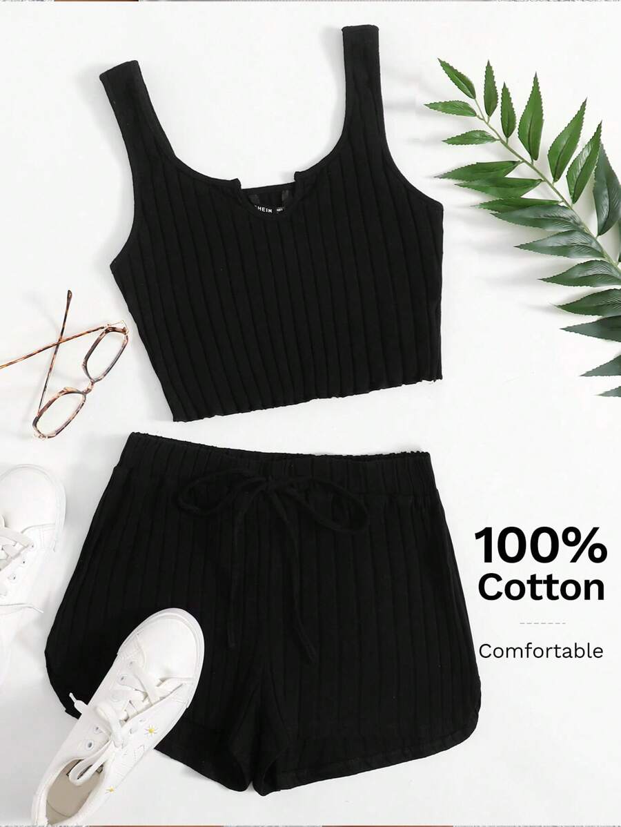 SHEIN EZwear Notch Neck Rib-knit Tank Top & Shorts Set - Black - View 1