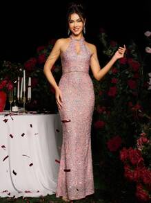 Coutiva Women Elegant Sequin And Rhinestone Chain Decorated Halter Neck Mermaid Evening Gown, Luxury Evening Long Dress, For Music Festival Spring/Summer, Party Dress, Wedding Guest Dress, Formal Dress - Baby Pink - View 8