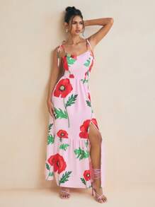 BELANGE HANDMADE Designer Women's Pink Floral Print Tie-Up Shoulder Straps Slit Ruffle Hem Long Sundress, Valentine's Day Date Party Spring Summer Dress, Concert Outfit, Rave Outfits Pastel, Prom Dress, Brunch Outfits, Tea Party Dress, For Festival, Spring Break