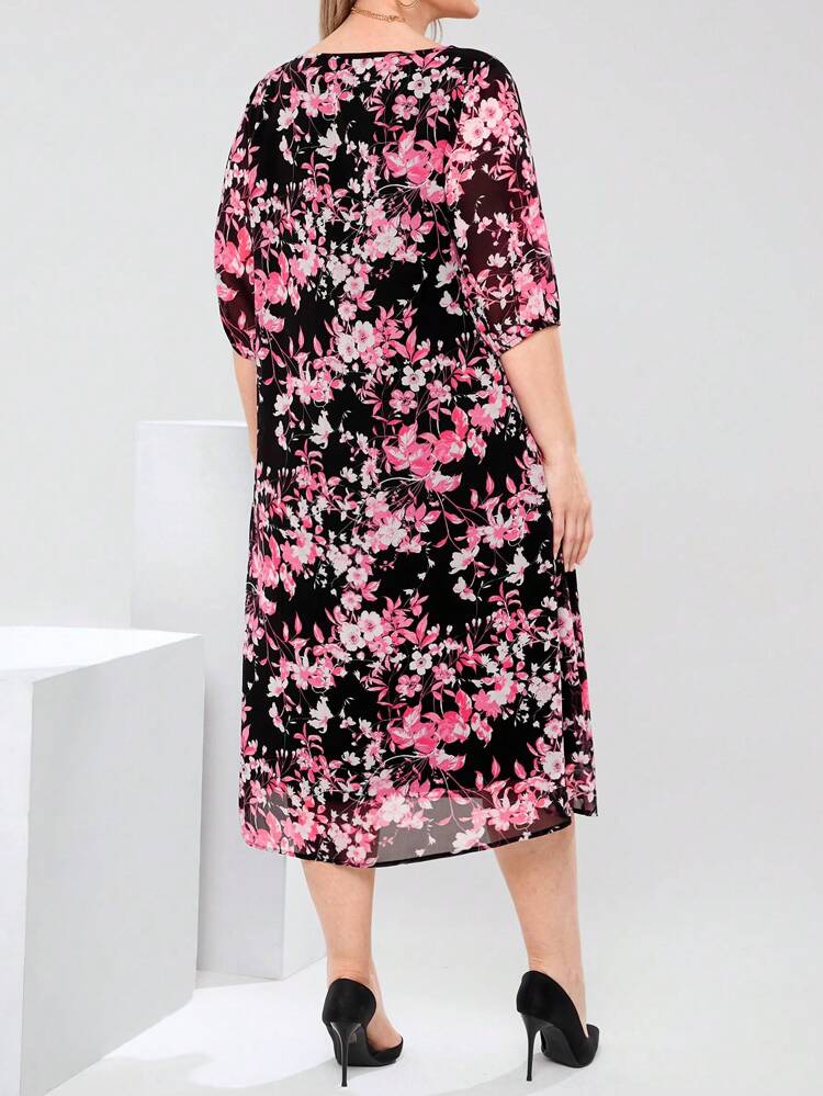 Vestido Elegante Floral de Manga Curta com Gola Redonda para Mulheres Plus Size, Adequado para Férias, Roupas Elegantes Femininas, Conjuntos de Verão para Mulheres/Verão, Roupas de Verão, Roupas Modestas