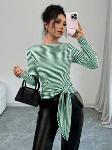 Elenzga 条纹休闲 T 恤，简约时尚，适合日常穿着，图案 T 恤，女式上衣 - 墨綠色 - 查看 1