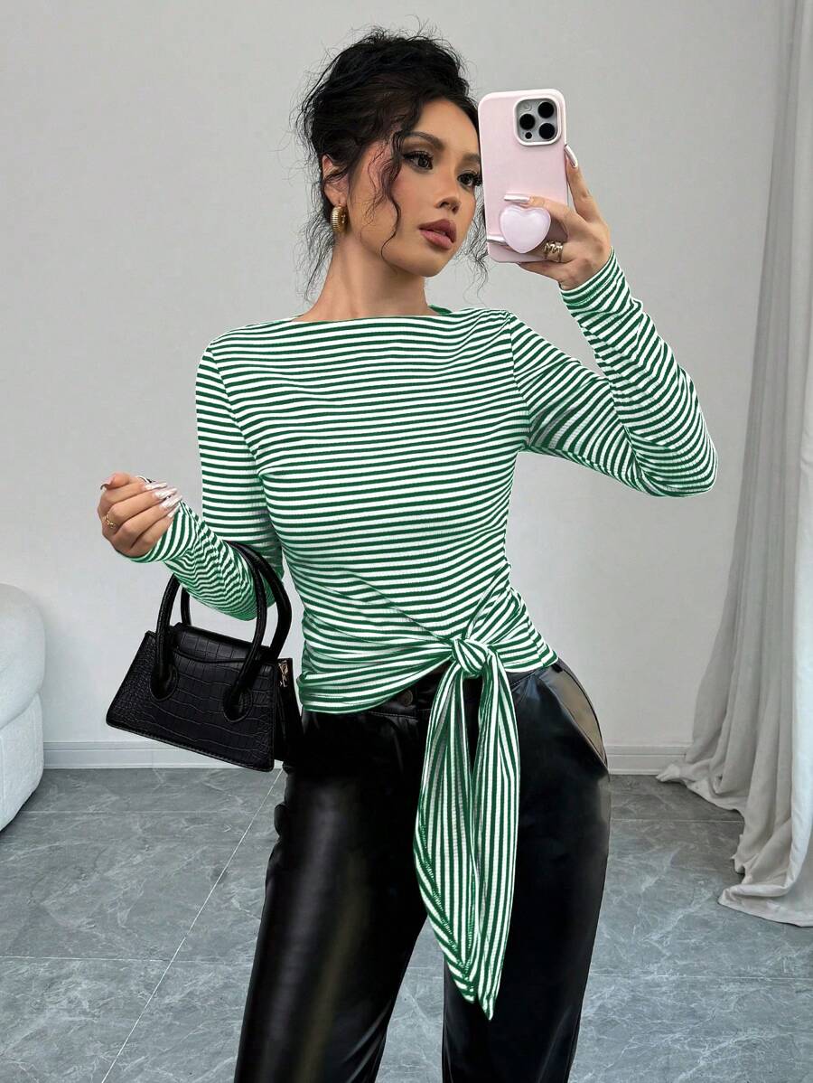 Elenzga 条纹休闲 T 恤，简约时尚，适合日常穿着，图案 T 恤，女式上衣 - 墨綠色 - 查看 1