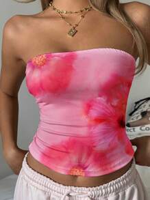 SHEIN EZwear 女士休闲花卉印花抹胸短款上衣，适合夏季