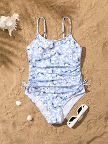 SHEIN Tween Girls One-Piece Floral Print Swimsuit, Simple & Minimalist - Multicolor - View 5