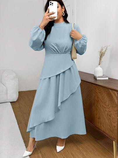 SHEIN Frenchy 加大码杏色连衣裙，带荷叶边下摆，灯笼袖，收腰设计金色裙子长裙女士端庄连衣裙加大码束腰外衣