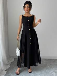 Elenzga 女士纯色单排扣方领无袖休闲连衣裙