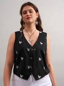 SHEIN LUNE Blusa casual senza maniche con scollo a V e chiusura monopetto, con motivo a farfalla, stile bohémien, adatta per l'estate, per donne di taglia comoda - nero - Visualizzare 3