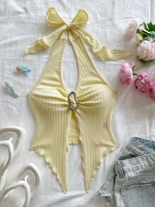 Soleia 休闲露背系带金属扣合身不对称下摆吊带背心，适合度假、约会、下午茶、度假、音乐节、波西米亚风