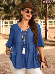 EMERY ROSE 大码女式纯色V领荷叶袖宽松上衣，乡村风春季女装，夏季女装，波西米亚风女装 - 藍色 - 查看 5