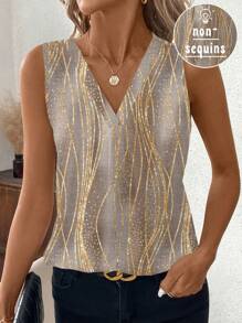 SHEIN Clasi Áo sơ mi nữ cổ chữ V rộng rãi họa tiết retro phù hợp cho mùa hè - Màu Khaki - Xem 1