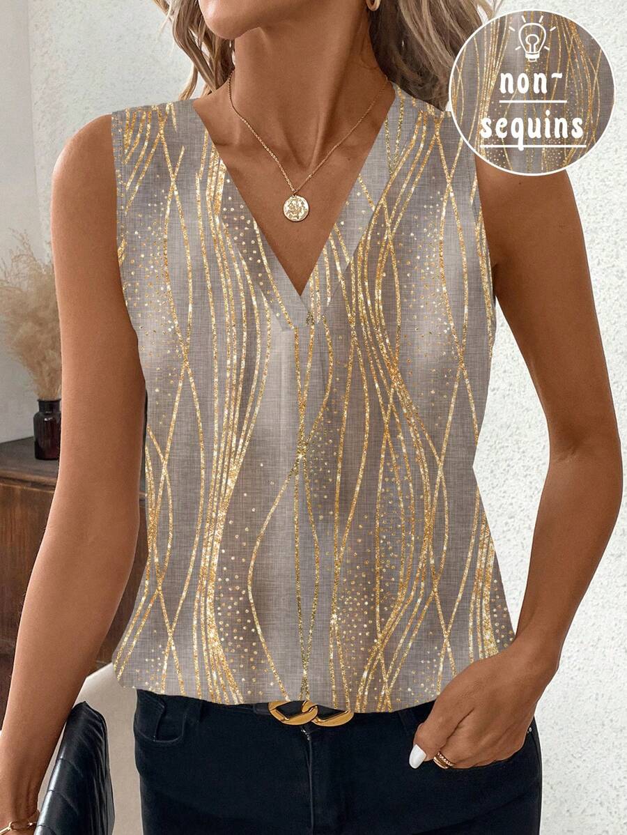 SHEIN Clasi Áo sơ mi nữ cổ chữ V rộng rãi họa tiết retro phù hợp cho mùa hè - Màu Khaki - Xem 1