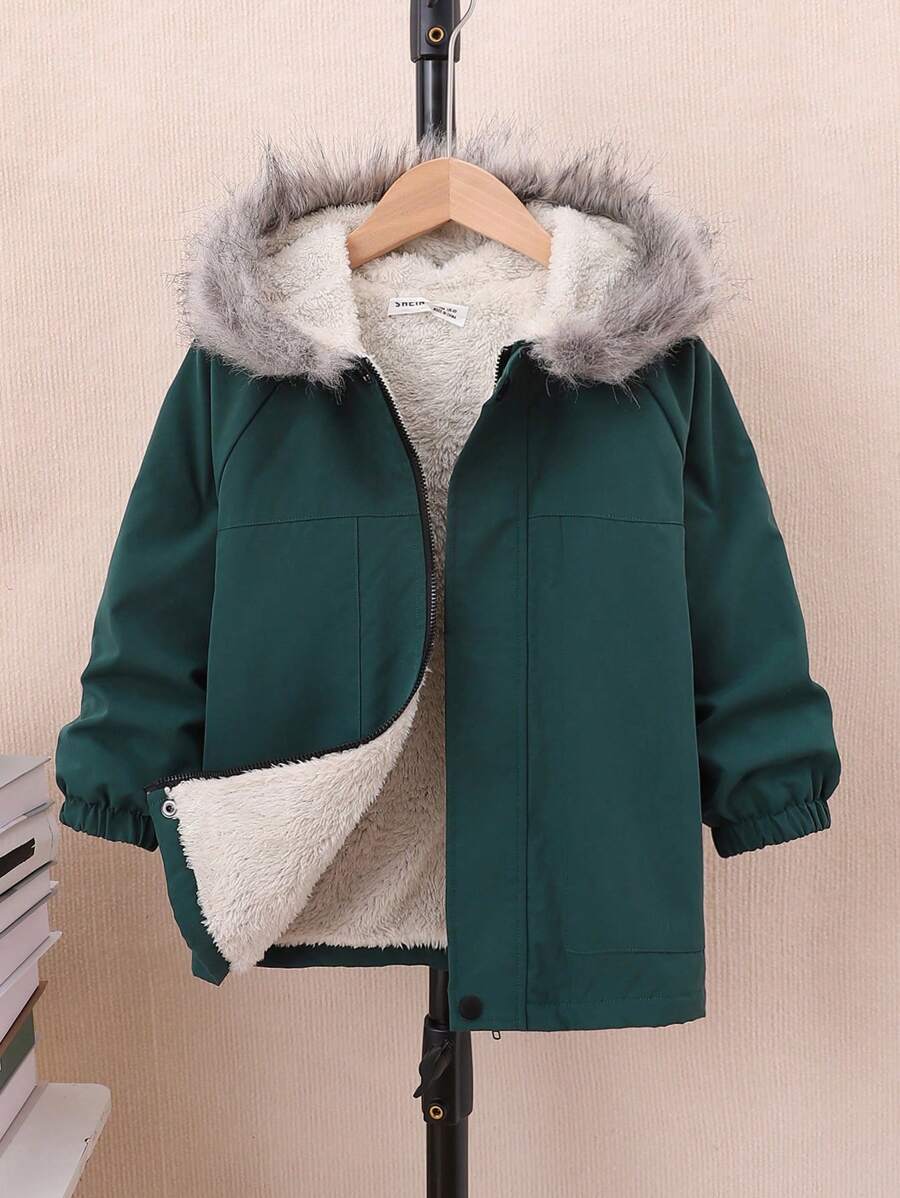 SHEIN 男小童插肩袖毛茸茸連帽加絨內裏外套