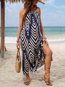 SHEIN 孕妇装人字形侧开衩休闲露背连衣裙，度假海滩装