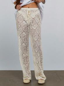 Athîral 女士透明奶油黄色蕾丝直筒裤，海滩/度假/节日风格 - 杏色 - 查看 5