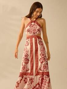 CAJUNI Vestido largo de verano casual con estampado floral tropical bohemio, escote halter, espalda abierta con cordón en la cintura, ideal para playa y vacaciones