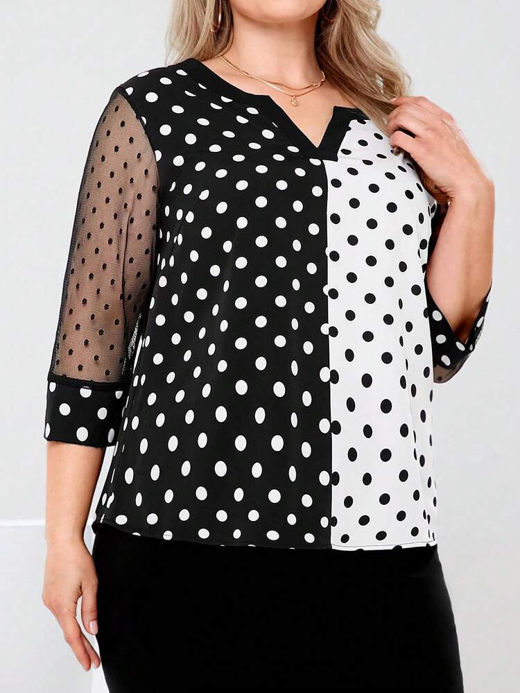 Blouse élégante à pois colorblocks pour femmes de grande taille, idéale pour le printemps, la douche de mariage et les occasions élégantes
