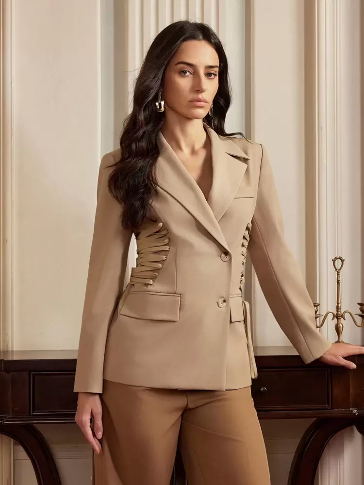 Women's Cinched Waist Waist Lapel Office Elegant Mid-Length Blazer, "Old Money" Style