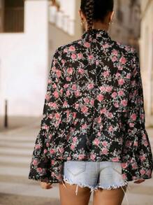 Maija 女式春季花卉印花立领喇叭袖后拉链休闲衬衫，黑色和粉色节日波西米亚风 - 黑色 - 查看 4