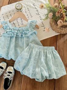 SHEIN LMoss Kids Babygirl schattige zomer vakantie bloemen borduurwerk ruche rand camisole en shorts set