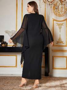 Modelyn Vestido midi elegante de manga larga con ajuste y ribete de volantes, apropiado para primavera y verano, tallas grandes - Negro - Ver 2