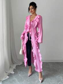 Elenzga Blusa de manga larga con volantes y lazo decorativo, de unicolor, elegante y de moda para oficina, casual, citas y vacaciones