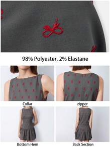 Maija Vestido elegante y versátil de uso diario para el Año Nuevo Chino, con cuello de barco pequeño gris, lazo rojo bordado y volantes en la falda, de tela de alta calidad - Gris - Ver 2