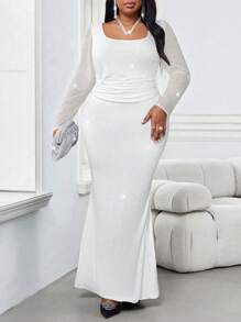 SHEIN Lady Plus Size Elegant Party Sequin Mermaid Dress - White - View 5