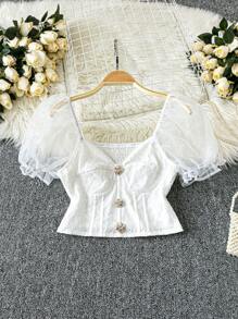 Chiquease Women's Lace Patchwork Organza Puff Sleeve Backless Blouse - White - View 1