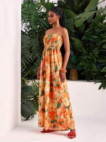 Slaydiva Bộ đồ liền thân ống rộng không dây họa tiết hoa du lịch biển thường ngày xuân/hè 2025 dành cho nữ - Nhiều màu - Xem 4