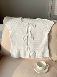 Comfortcana Women's White Solid Color Front Tie Short Sleeve Casual Thin Cardigan,Vacation Tops - White - View 4