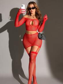 2pcs Women's Hollow-Out Sexy Mesh Top & Mini Skirt Set