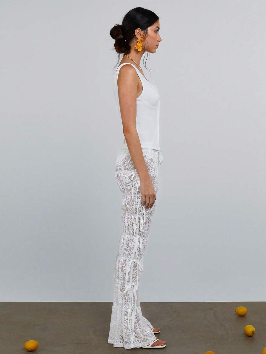 Athîral Women's Floral Lace Tie Waist Long Pants, Summer Festival Style - White - View 1