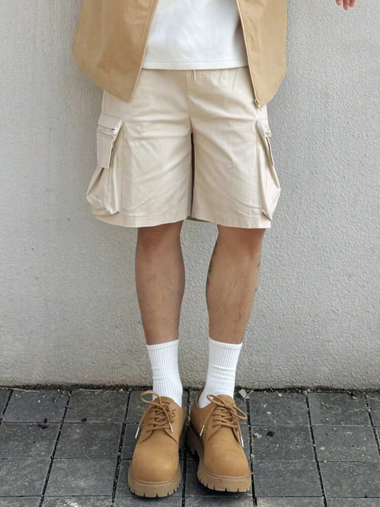Men's Solid Color Beige Cargo Shorts For Summer Outdoor