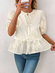 SHEIN Clasi 女士春夏刺绣娃娃领短袖上衣 - 米色 - 查看 5