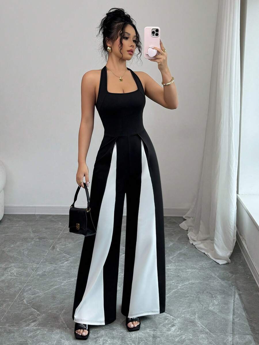 Elenzga Bộ đồ liền thân ống rộng hở lưng phối màu cho nữ - màu đen - Xem 1