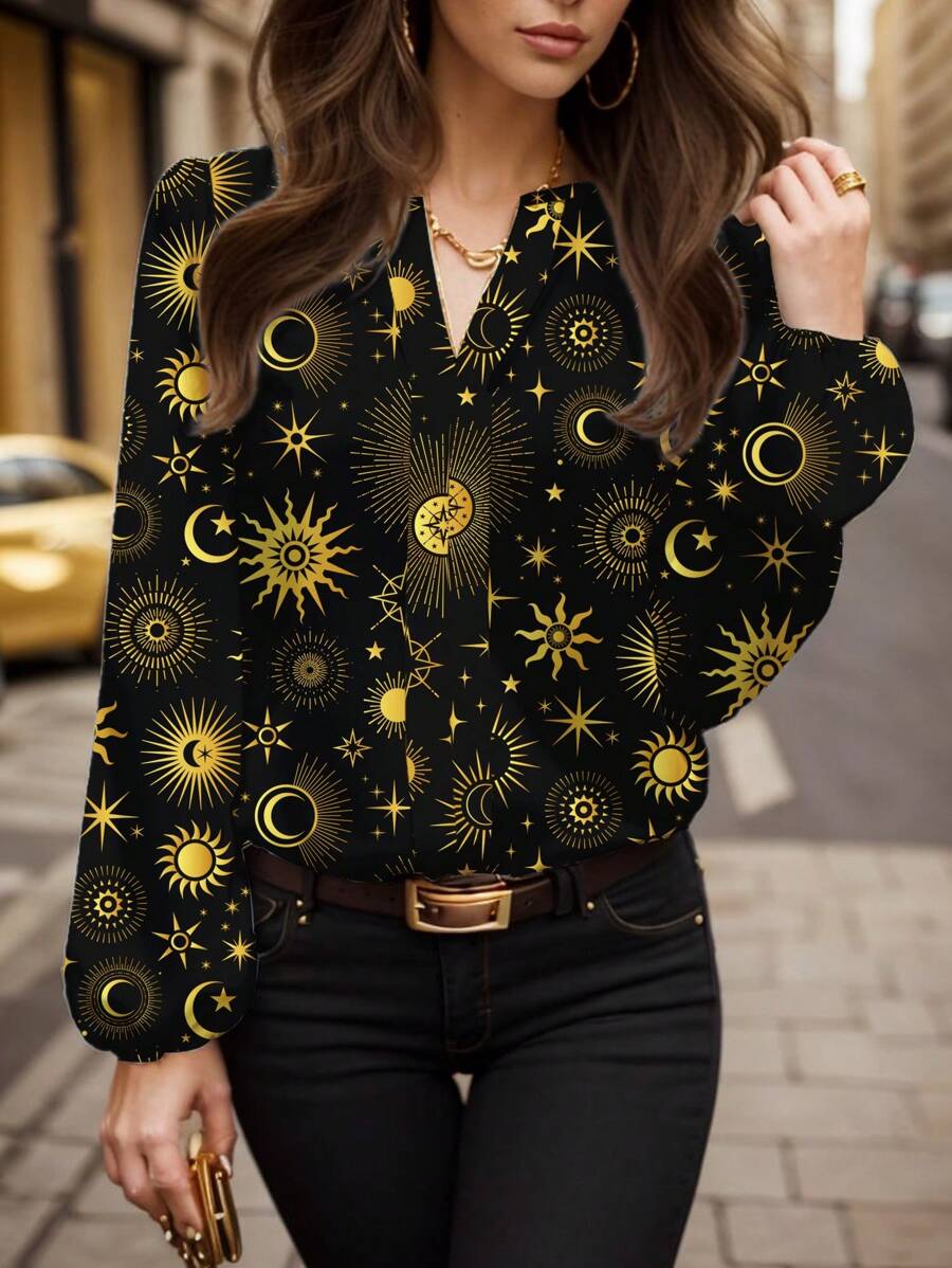 Glamance Whitebread 女士黑色衬衫长袖缺口休闲纯色、银河、全印花、植物夏季女装夏季上衣外出 - 黑色 - 查看 1