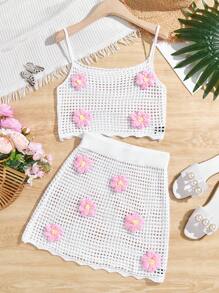 SHEIN Swim Women 2 Pieces Set: Solid White Crochet Hollow-Out Tank Top And Skirt For Summer Beach Vacation - White - View 3