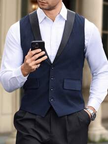 Manfinity Mode 男士披肩领撞色背心简约休闲通勤 - 藏蓝色 - 查看 4