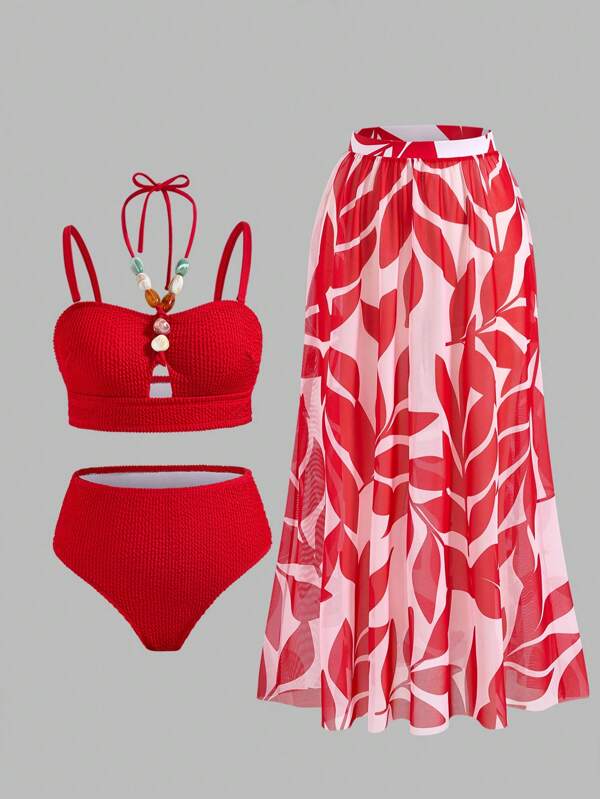 Swim Oasis Conjunto de 3 piezas para mujer de talla grande, con top de tirantes finos, Bottom y falda larga tipo bikini, traje de baño elegante para vacaciones de verano en la playa