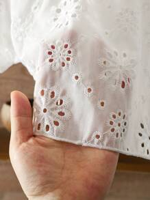 SHEIN Young Girl Vacation Beach Casual Versatile Embroidery Hollow White Loose Short Sleeve Blouse,Holiday,Summer,Travel - White - View 5