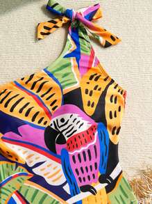 Soleia 女士浪漫花卉印花褶皱露背系带蝴蝶结连体泳衣，甜美别致的假日装 - 彩色 - 查看 3