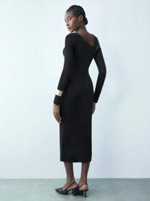 Maija Vestido entallado de Body con cuello asimétrico, mangas largas y tirantes retorcidos para mujer, vestido midi elegante y versátil para fiestas urbanas, propio para celebraciones de principios de primavera