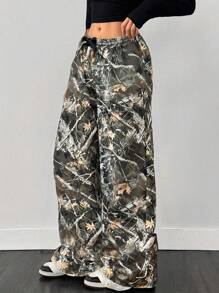 SHEIN Pantalones de cintura media tejidos con estampado de camuflaje de ramas de árbol para niñas adolescentes - Multicolor - Ver 1