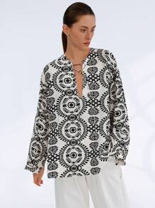 SHEIN Privé Women's Faux Embroidery Random Print Casual Vacation Versatile Retro Luxury Elegant V-Neck Long Sleeve Blouse Fall Cloth For Women