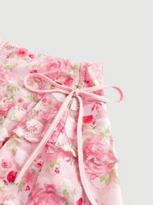 SHEIN MOD 低腰侧抽绳花卉印花双荷叶边下摆半身裙 - 粉色 - 查看 4