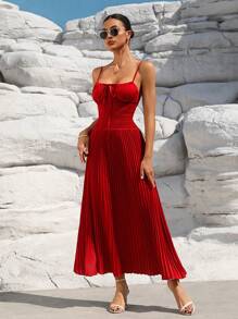 SHEIN Unity Ladies Satin Fabric Ruched Splicing Cinched Waist Elegant A-Line Long Dress With Spaghetti Straps And Tie Closure - Red - View 5
