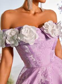 Lovelzi Elegant Purple & White Color Block Textured Off Shoulder A-Line Princess Dress With Adjustable Tie Back, Wedding Guest Dress, Suitable For Date, Birthday Party, Wedding, Prom - Mauve Purple - View 2